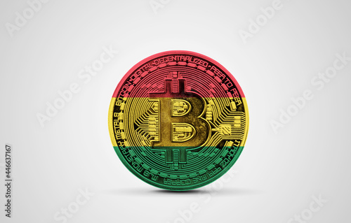 Bolivia flag on a bitcoin cryptocurrency coin. 3D Rendering