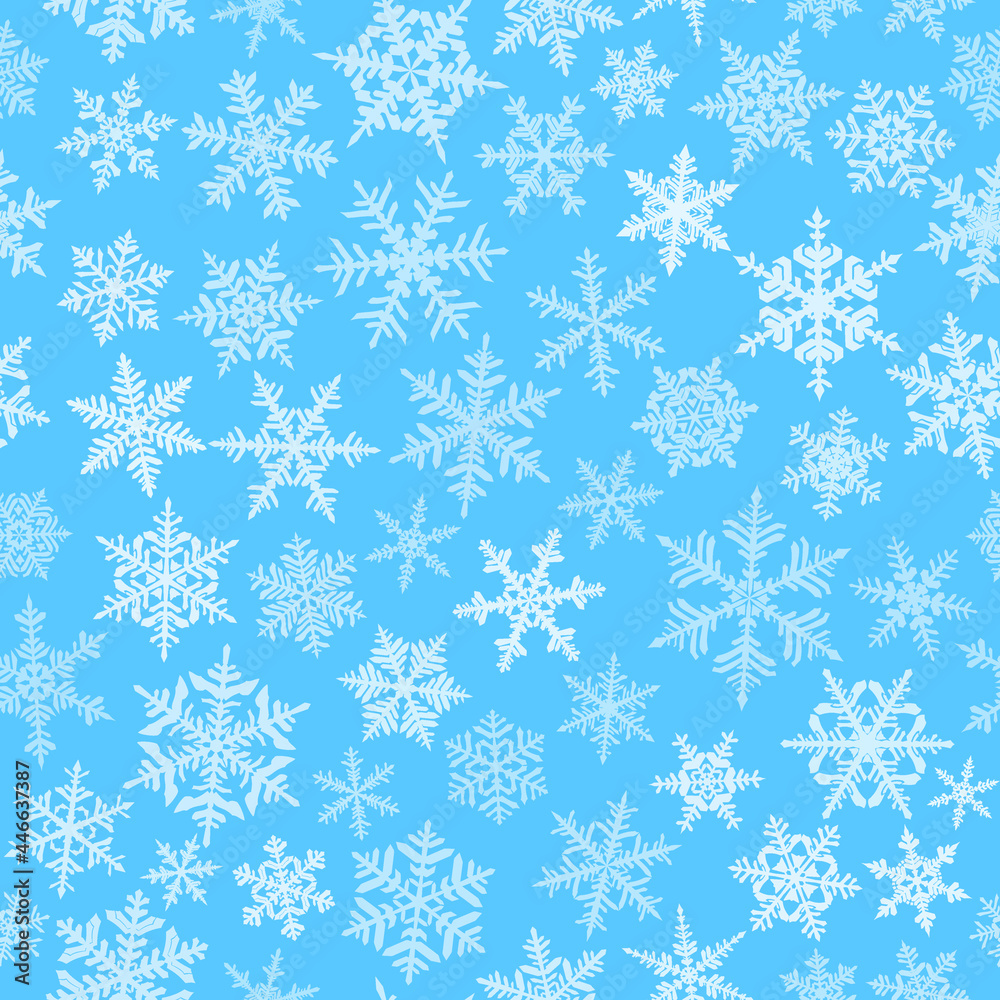 Christmas seamless pattern with complex big and small snowflakes, white on light blue background Christmas seamless pattern with complex big and small snowflakes, white on light blue background