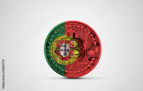 Portugal flag on a bitcoin cryptocurrency coin. 3D Rendering