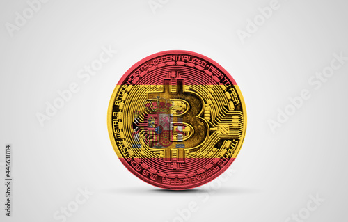 Spain flag on a bitcoin cryptocurrency coin. 3D Rendering