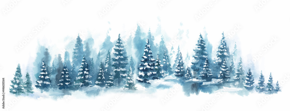 Obraz Winter horizontal landscape with snowy background. Watercolor vector Illustration on white background. Blue forest in snow