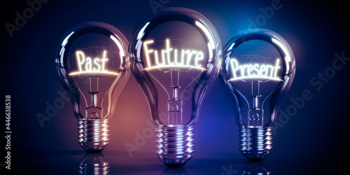 Future, present, past concept - shining light bulbs - 3D illustration photo