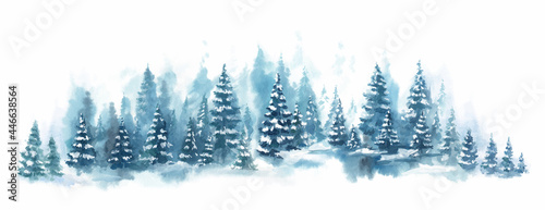 Winter horizontal landscape with snowy background. Watercolor vector Illustration on white background. Blue forest in snow