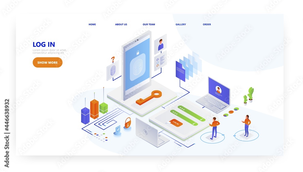Log in, landing page design, website banner vector template. Login authorization, password, personal account access.