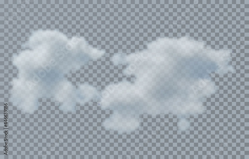 Realistic white and grey fluffy cloud on blue azure transparent background. White cloudiness, mist or smog background. Nature outdoor. Cloud shape. Vector illustration