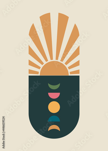 Sunburst and moon phases abstract boho illustration. Minimal home decor, mid-century wall poster