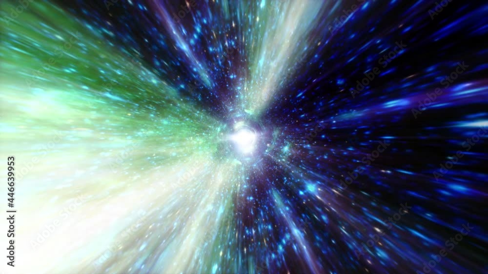 Abstract colorful glow blue green hyperspace tunnel through space time vortex loop background. 4K 3D render Sci-Fi interstellar travel through wormhole in hyperspace. Velocity jump in cyberspace.
