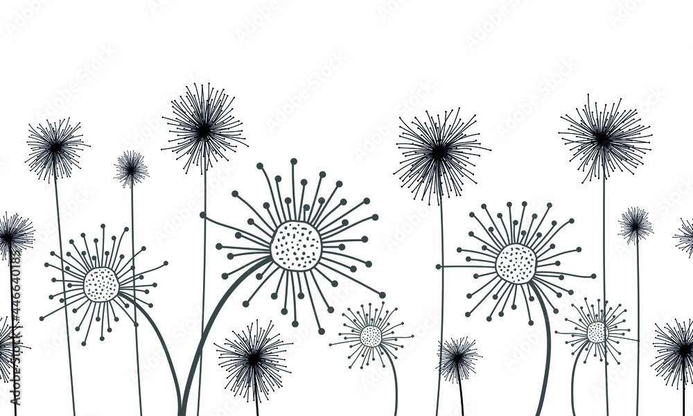horizontal pattern of summer dandelion inflorescences, light contour fluffy pattern on a white background, summer air dandelions, stylish floral abstraction
