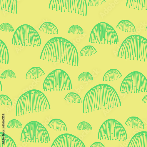 pattern of abstract haystacks on a yellow background. Summer outline illustration on a farm theme, summer field stylized pastel abstraction,