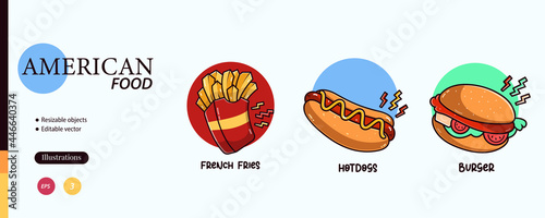 american food collection set,French Fries,burger,hotdog,illustration vector eps 10