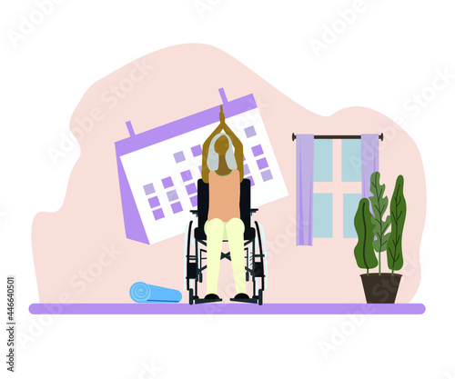 Disabled old woman in wheelchair practice yoga several times a week. vector illustration