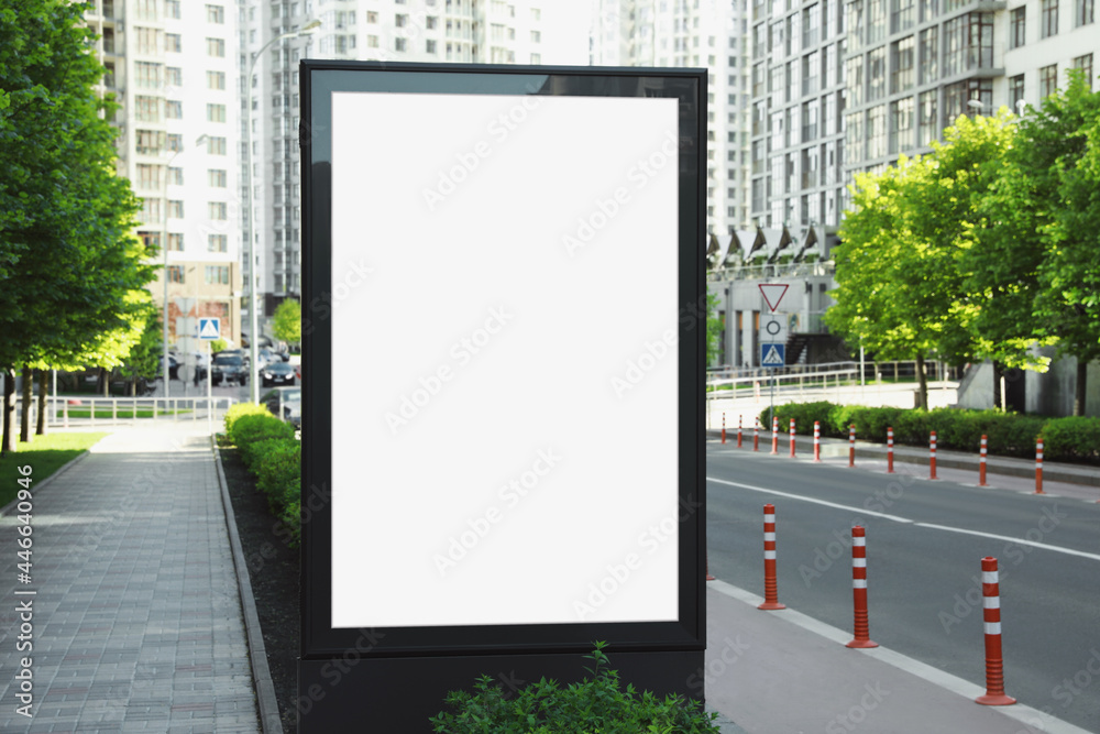 Blank advertising board on city street. Mockup for design - obrazy, fototapety, plakaty 