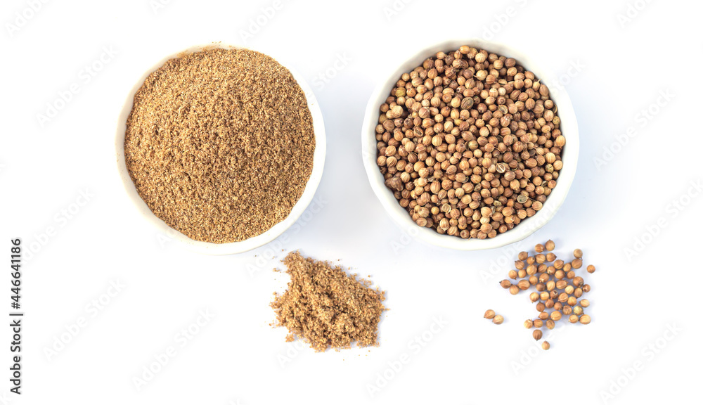 Bowls of coriander seeds and coriander powder top view isolated on white background Bowls of coriander seeds and coriander powder top view isolated on white background