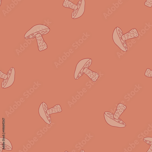 Minimalistic seamless pattern with random Leccinum scabrum mushroom ornament. Pink background.