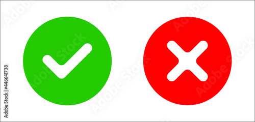 Symbol of check mark, web illustration. No correct and correct green and red choice. Red cross and green tick, no and yes icons, signs. Wrong and right flat graphic concept isolated. Vector EPS10.