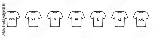 Set of t-shirts icons with inscriptions of the size of clothes isolated on a white background. Sizes from small to large. Outerwear. Vector illustration