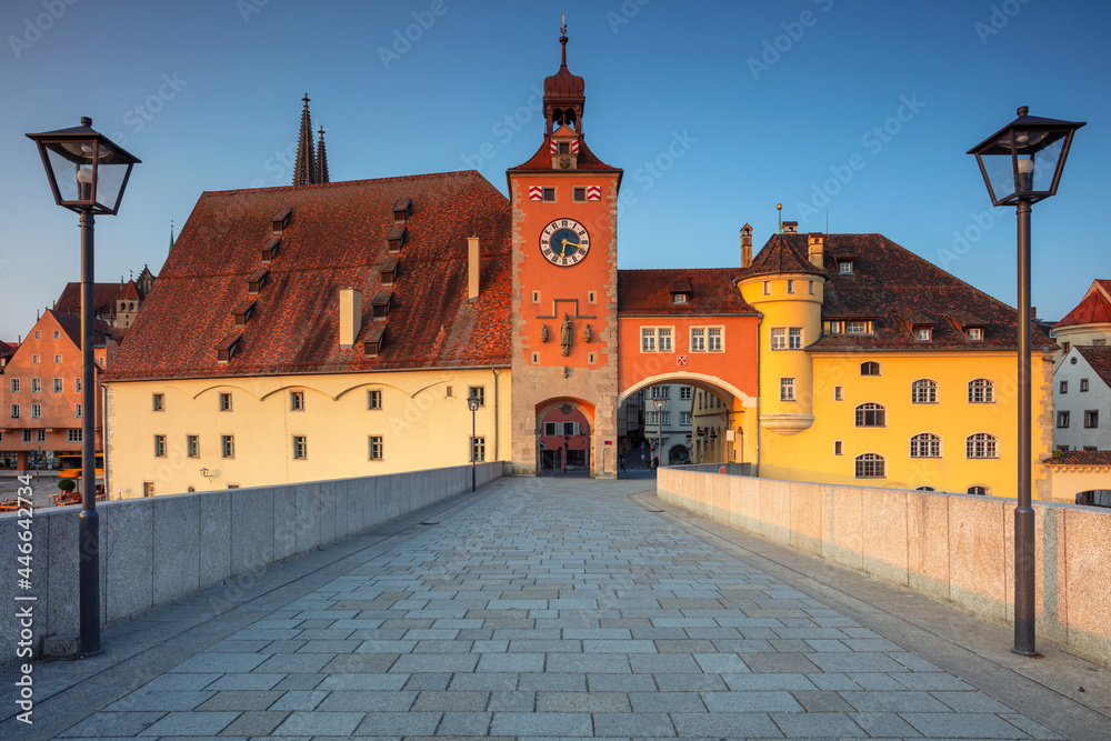 Regensburg, Germany. Cityscape image of Regensburg, Germany with Old Stone Bridge over Danube River and St. Peter Cathedral at summer sunrise.