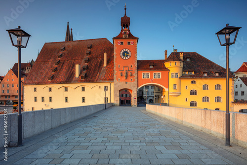 Obraz na płótnie Regensburg, Germany. Cityscape image of Regensburg, Germany with Old Stone Bridge over Danube River and St. Peter Cathedral at summer sunrise. w salonie