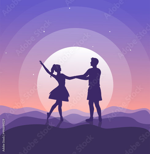 Romantic silhouette of loving couple at sunset. Vector illustration