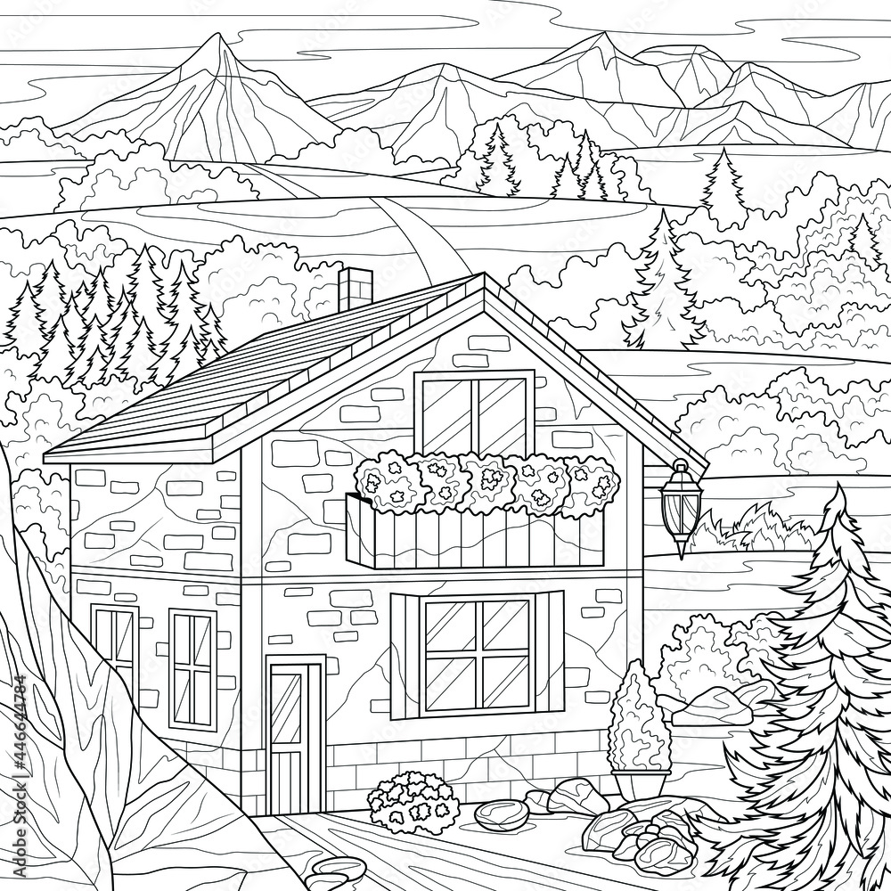 House in the mountains.Coloring book antistress for children and adults ...