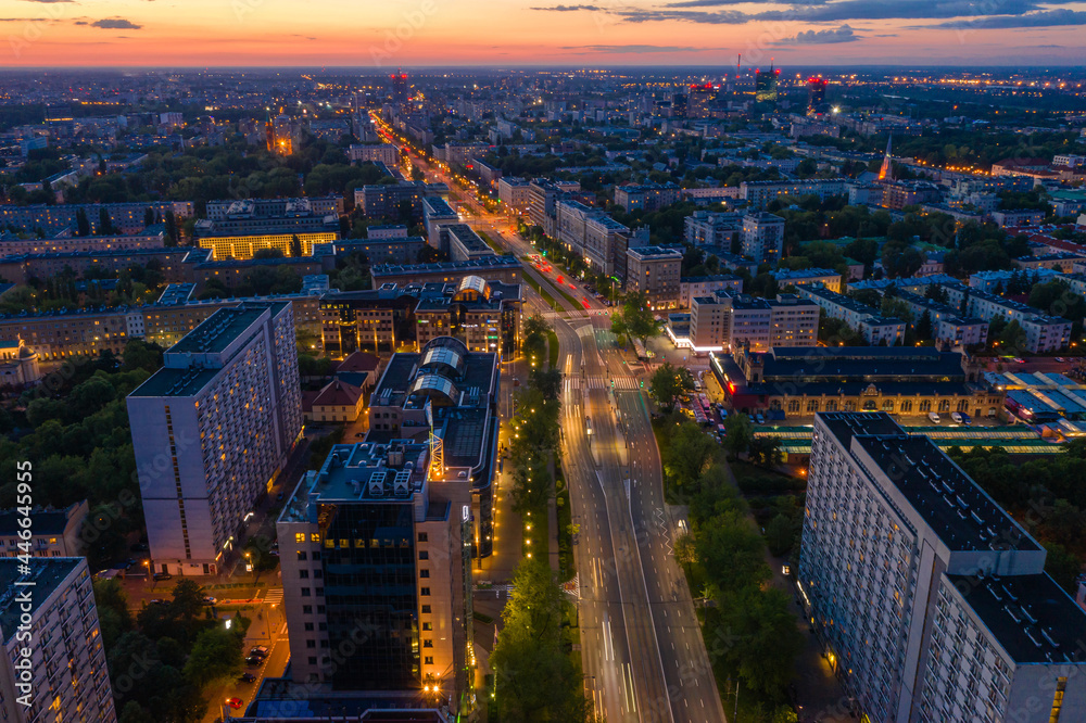 Obraz premium Aerial view of Jana Pawla II street at dusk, Warsaw, Poland