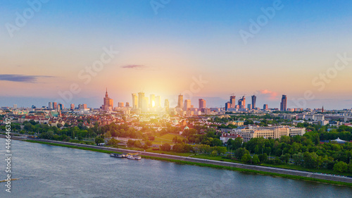 Aerial view of Warsaw city center and Vistula river in the evening