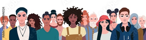 Portrait of people of different ages, nationalities, races Unity and equality of all people Friendship of peoples and understanding of all generations Flat stylized vector graphics