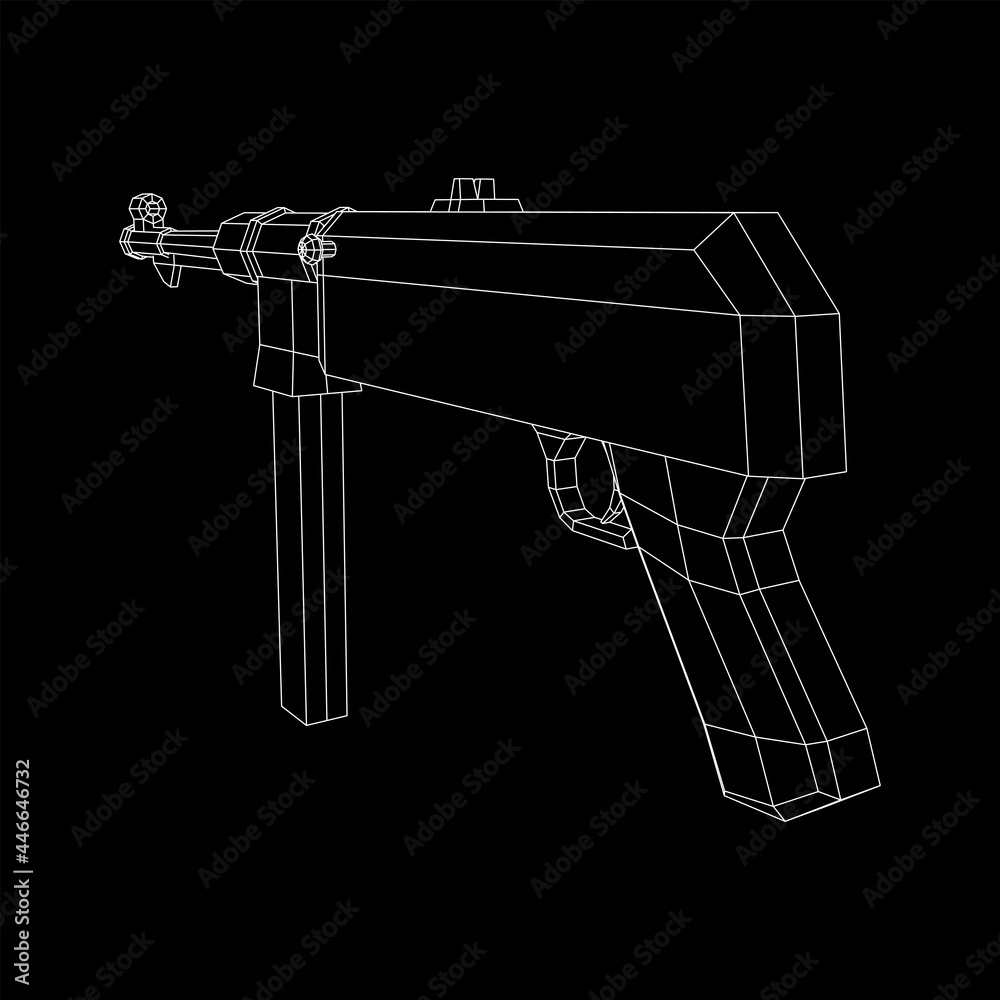 Submachine gun german MP 40 world war 2 firearms pistol. Wireframe low poly mesh vector illustration.