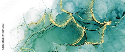 abstract fluid art painting, luxury green abstract background with gold paths, alcohol ink texture, kintsugi art, liquid marble wallpaper for print