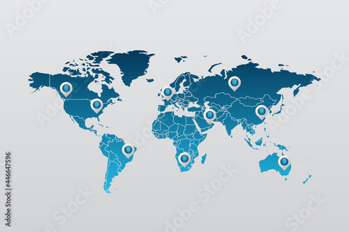 Vector world map infographic symbol. Blue gradient icon with map pointers. International global illustration sign. Elements for business, web design, presentation, report, media, news, blog, travel