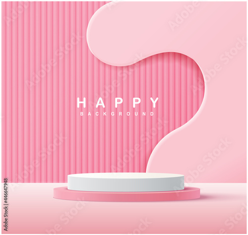Pink cylinder pedestal podium with pastel minimal wall scene. Modern vector rendering geometric platform for product display presentation. Valentines postcard.