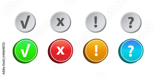 Vector check mark exclamation mark, question mark icons set. Flat icons for web and mobile applications. Circle flat design with shadows. eps 10