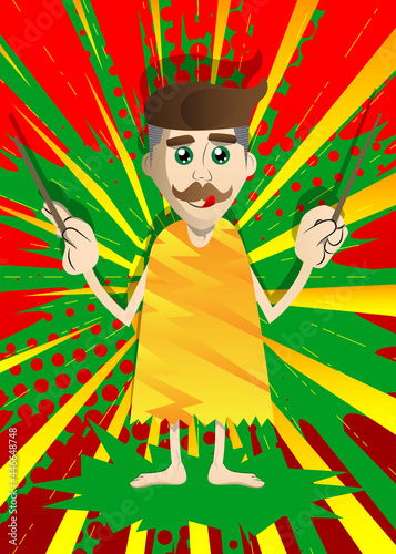 Cartoon prehistoric man as an orchestra conductor. Vector illustration of a man from the stone age.