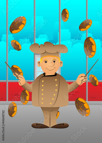 Fat male cartoon chef in uniform as an orchestra conductor. Vector illustration. Bake, cook having fun.