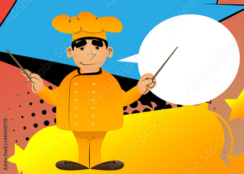 Fat male cartoon chef in uniform as an orchestra conductor. Vector illustration. Bake, cook having fun.