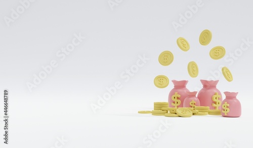 3D Rendering concept of money online, financial services, investment. Pastel coins and money bag with space for text on the left on white background. 3D Render. 3d illustration. Minimal style.