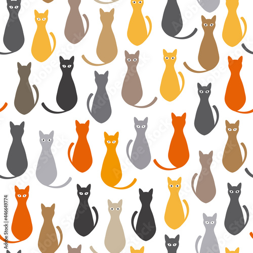 Cute cats colorful seamless pattern. Vector illustration. It can be used for wallpapers, wrapping, cards, patterns for clothes and other.