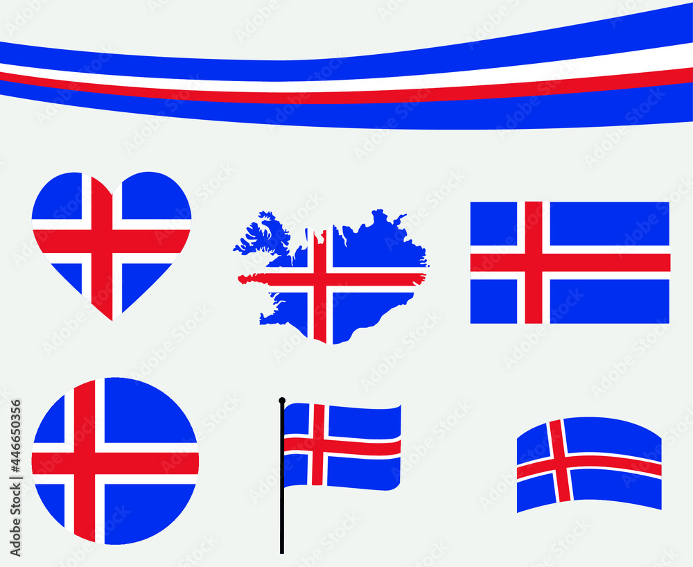Iceland Flag Map Ribbon And Heart Icons Vector Illustration Abstract Design Elements collection