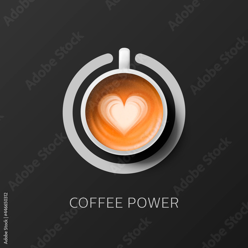 Coffee Power. Vector 3d Realistic White Porcelain, Ceramic Mug, Circle Switch Sign. Foam Milk Coffee, Capuccino, Latte with Heart Pattern. Concept Banner with Coffee Cup in Top View. Design Template