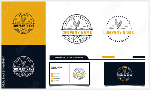 hand drawn Chicken / rooster vintage logo with business card template