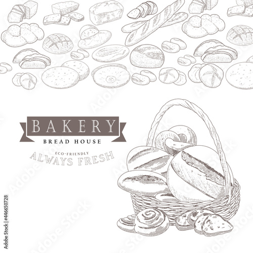 A collection of bread and bakery confectionery products. Rye, wheat and whole grain bread. French baguette and wicker bun. Croissants, bagels, slices of bread. The concept of a bakery in a retro style
