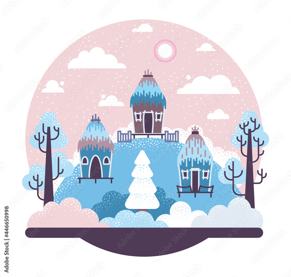 Thatched stilt three prehistoric houses. Hills and trees, fir-tree covered with snow. Vector cartoon illustration in flat stile 