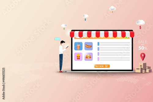 Concept of online fast food delivery service, young man standing near tablet to order fast food (sparkling water, hotdog, hamburger and french fries) in pastel color background.