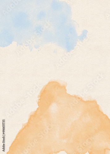 Hand drawing watercolor abstract background. Orange and blue splash on beige backdrop. Use for poster, card, print, postcard, illustration, invitation, template, banner
