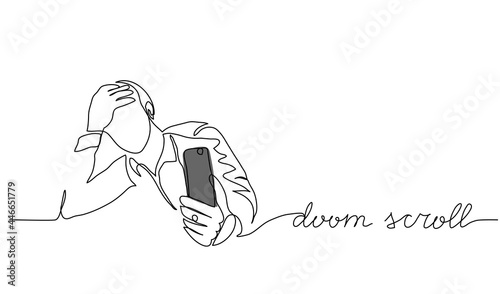 Doom scroll, doomscrolling vector illustration. One line drawing art illustration with lettering doom scroll