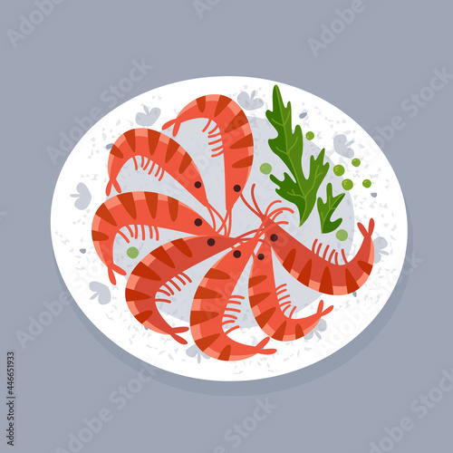 A plate with shrimps. Seafood in a flat white plate. Vector isolate on a gray background.