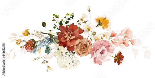Set watercolor arrangements with garden roses. collection pink, yellow flowers, leaves, branches. Botanic illustration isolated on white background.