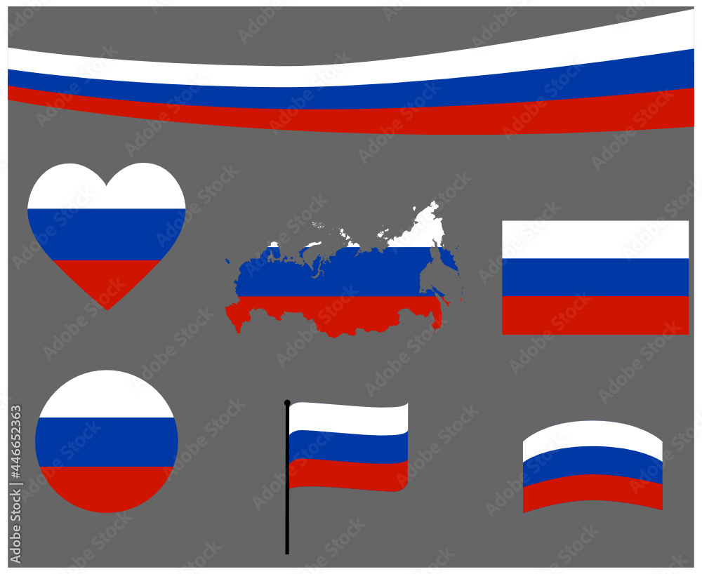 Fototapeta premium Russia Flag Map Ribbon And Heart Icons Vector Illustration Abstract Design Elements collection