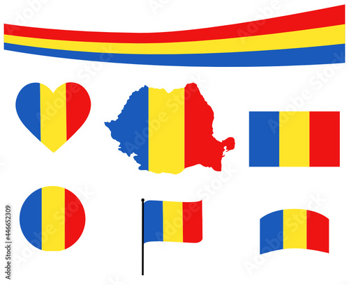 Romania Flag Map Ribbon And Heart Icons Vector Illustration Abstract Design Elements collection