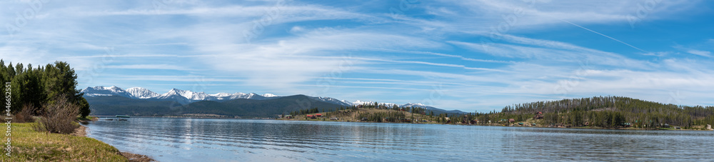 Panorama of Georgetown Lake in Montana with the Snow-capped Anaconda Mountain Range in the Background